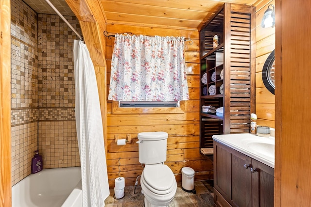 full bathroom with wood walls, toilet, shower / bath combo with shower curtain, vanity, and wood ceiling