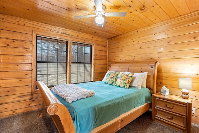 bedroom featuring dark colored carpet, ceiling fan, wood ceiling, and wooden walls