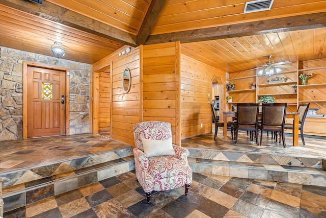 living area featuring wood walls and wooden ceiling