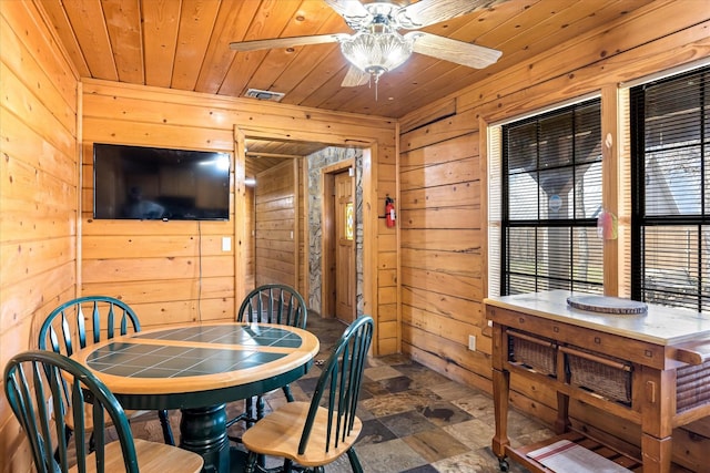 dining area featuring wood walls, ceiling fan, and wood ceiling