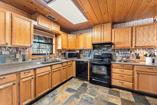 kitchen featuring wood ceiling, tasteful backsplash, sink, and black appliances