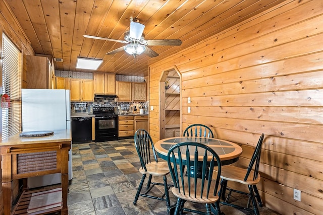 dining room featuring wooden walls, ceiling fan, and wooden ceiling