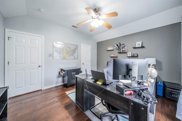 office with ceiling fan, dark hardwood / wood-style floors, and lofted ceiling