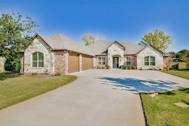 french country style house with a front lawn and a garage