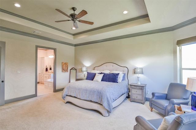 bedroom featuring ensuite bathroom, ceiling fan, light carpet, and ornamental molding