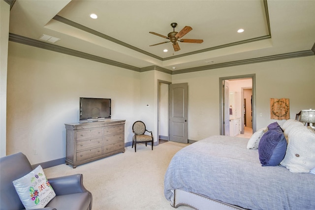 carpeted bedroom featuring ceiling fan, a raised ceiling, and crown molding