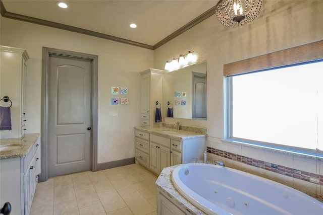 bathroom with tile patterned flooring, vanity, ornamental molding, and a tub to relax in