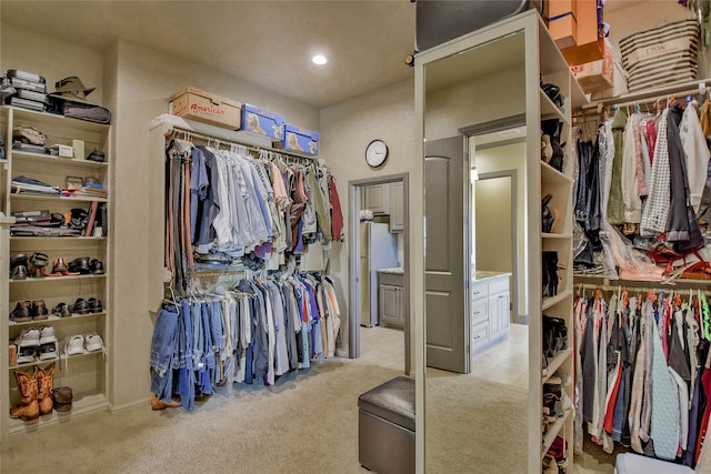 spacious closet featuring light colored carpet