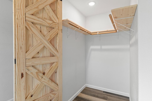 spacious closet featuring dark hardwood / wood-style floors