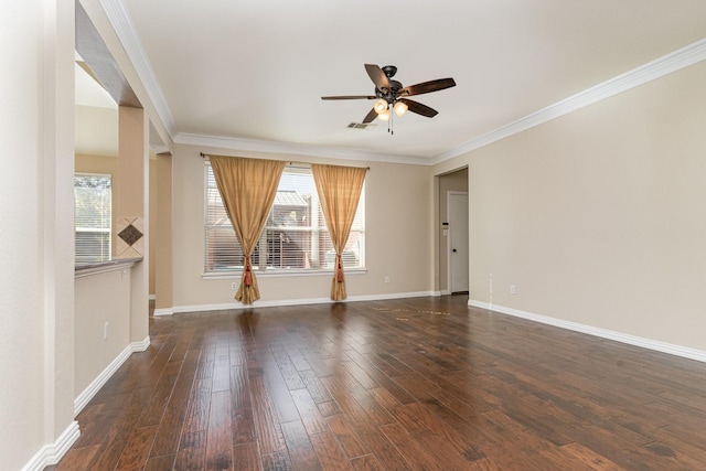 empty room featuring crown molding, ceiling fan, and dark hardwood / wood-style flooring