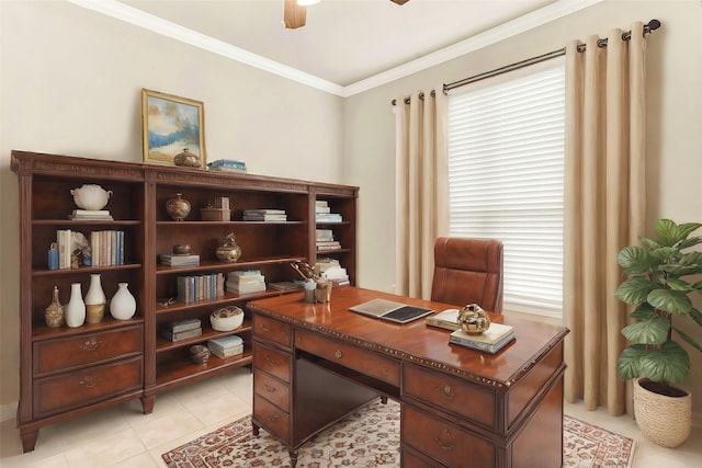 office with ceiling fan, light tile patterned floors, and crown molding