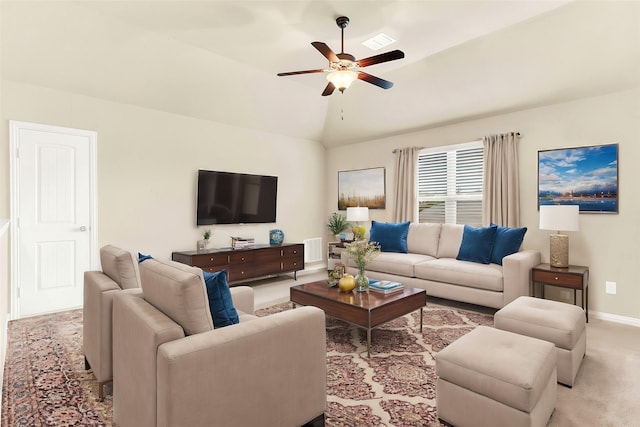 living room featuring light colored carpet, ceiling fan, and lofted ceiling