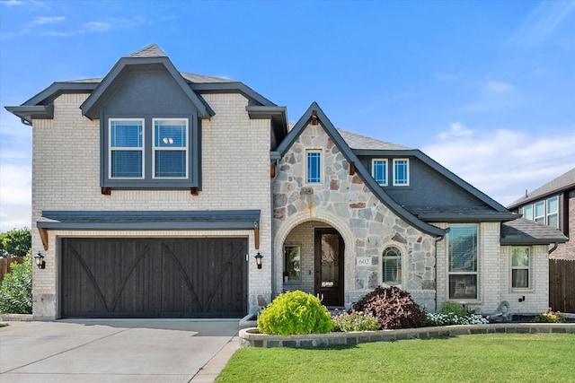 view of front of house featuring a front lawn and a garage