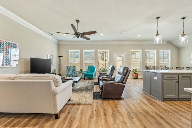 living room featuring crown molding, ceiling fan, and light hardwood / wood-style flooring