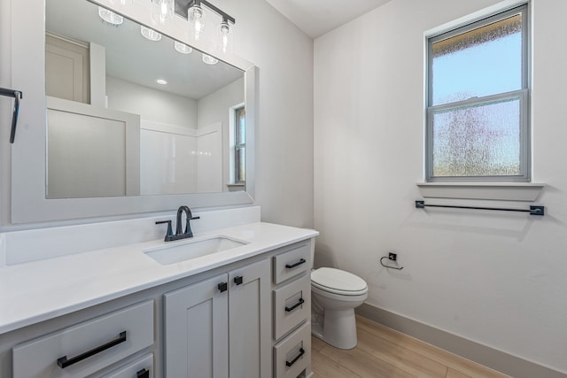 bathroom with vanity, toilet, and wood-type flooring