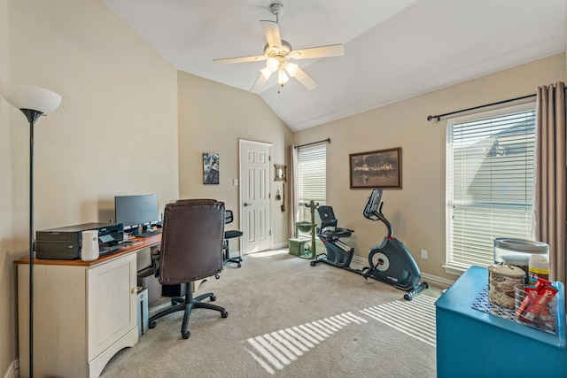 office with ceiling fan, lofted ceiling, and light carpet