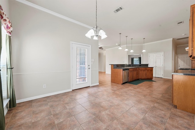 kitchen with stainless steel dishwasher, kitchen peninsula, crown molding, pendant lighting, and ceiling fan with notable chandelier