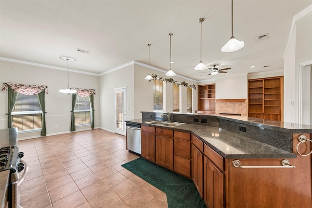 kitchen featuring ceiling fan, dishwasher, sink, hanging light fixtures, and crown molding