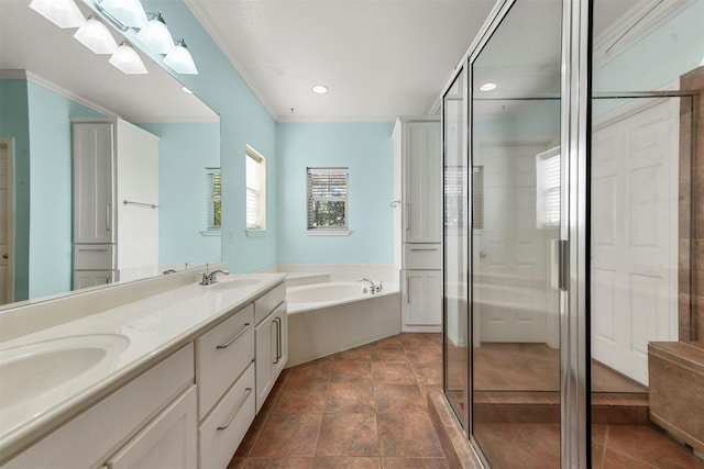 bathroom with separate shower and tub, crown molding, tile patterned floors, and vanity