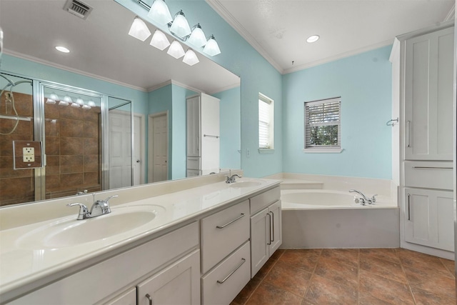 bathroom featuring crown molding, tile patterned flooring, vanity, and shower with separate bathtub