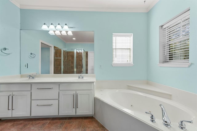 bathroom with vanity, independent shower and bath, and ornamental molding