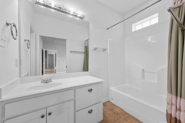 bathroom with tile patterned floors, vanity, and shower / tub combo with curtain