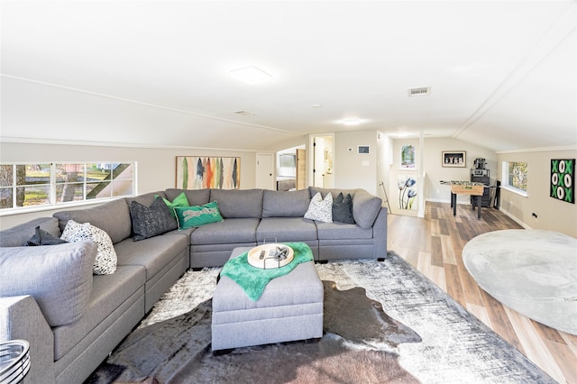 living room featuring a wealth of natural light, wood-type flooring, and lofted ceiling