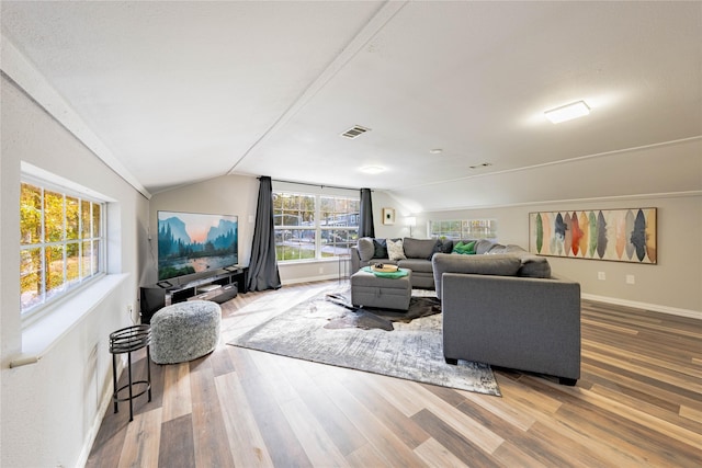 living room with hardwood / wood-style floors and lofted ceiling