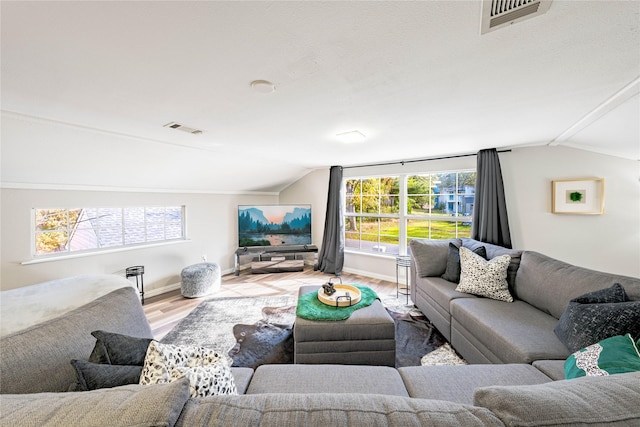 living room featuring lofted ceiling, a wealth of natural light, and light hardwood / wood-style flooring