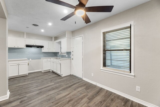 kitchen with dark hardwood / wood-style flooring, tasteful backsplash, ceiling fan, sink, and white cabinetry