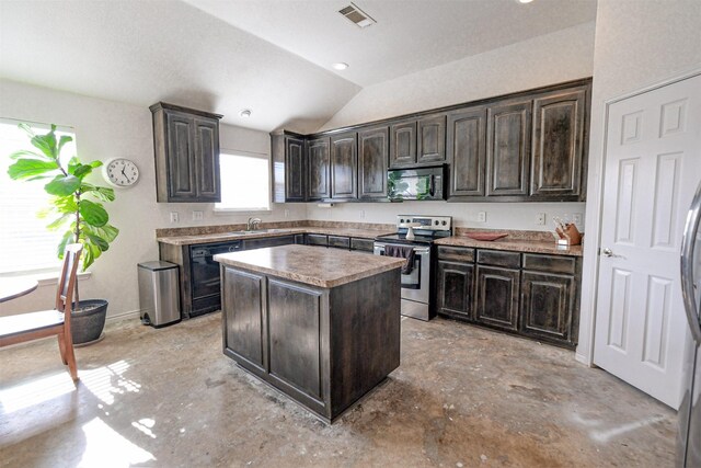 kitchen with dark brown cabinetry, a center island, sink, vaulted ceiling, and black appliances