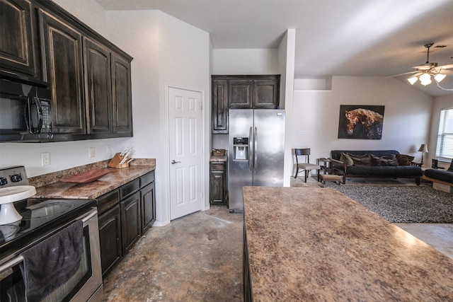 kitchen with dark brown cabinets, stainless steel appliances, ceiling fan, and lofted ceiling