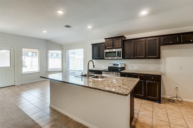 kitchen featuring sink, plenty of natural light, a center island with sink, and appliances with stainless steel finishes