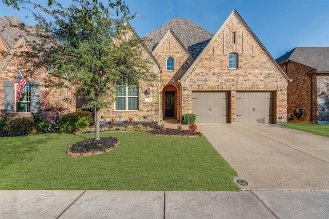 tudor home with a garage and a front yard