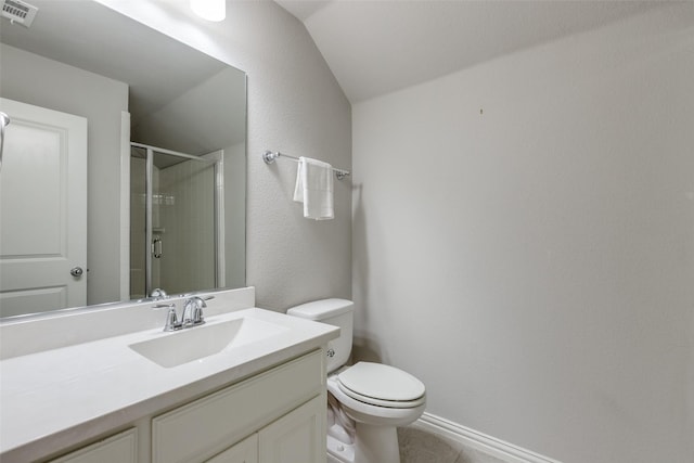 bathroom with vanity, visible vents, a stall shower, vaulted ceiling, and toilet