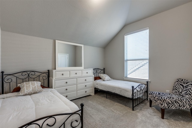 bedroom featuring lofted ceiling, carpet flooring, and a textured ceiling