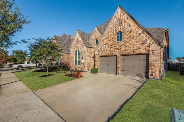 tudor home with concrete driveway, a garage, brick siding, and a front lawn