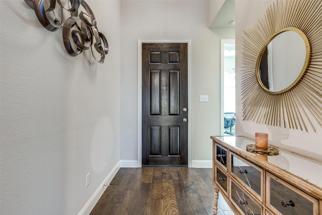 foyer entrance with baseboards and dark wood-type flooring