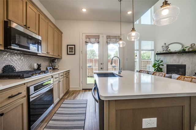 1145 Queensdown Way, Forney, TX 75126 - kitchen with stainless steel appliances, french doors, wood finished floors, a sink, and light countertops