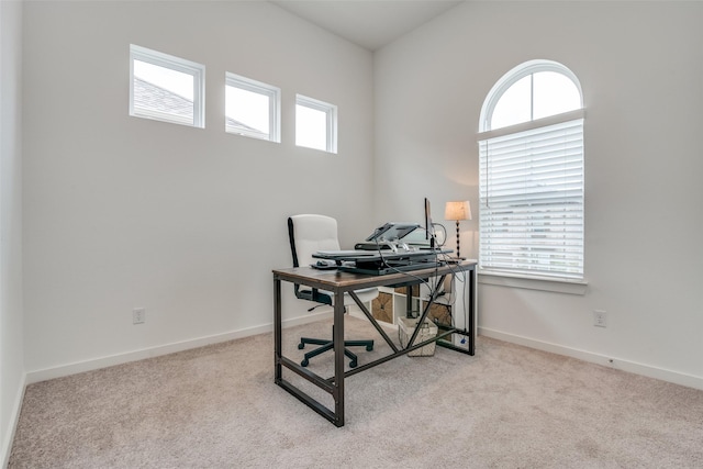 home office with plenty of natural light and light colored carpet