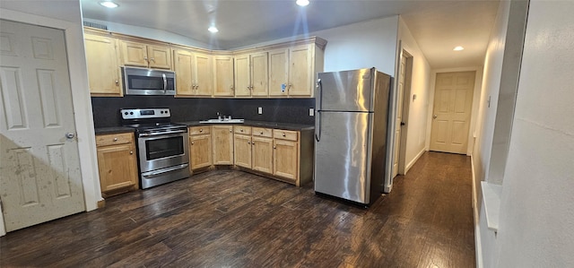 kitchen featuring appliances with stainless steel finishes, light brown cabinetry, sink, decorative backsplash, and dark wood-type flooring