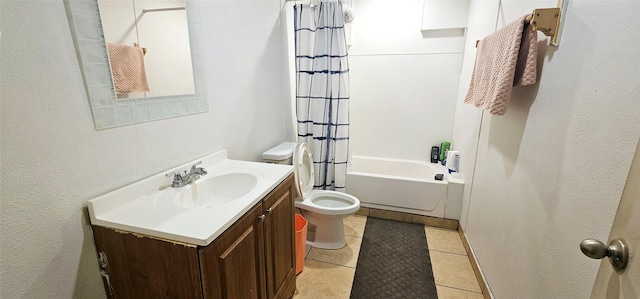 full bathroom featuring toilet, shower / tub combo, vanity, and tile patterned floors