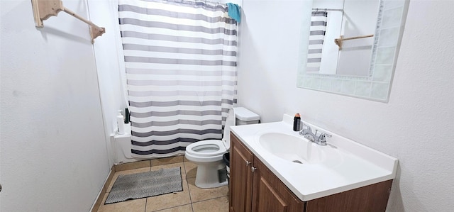 full bathroom with shower / bathtub combination with curtain, tile patterned flooring, vanity, and toilet