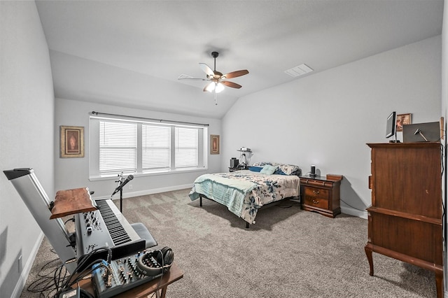 carpeted bedroom featuring ceiling fan and lofted ceiling