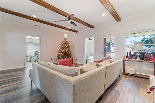 living room with beamed ceiling, dark hardwood / wood-style floors, and crown molding