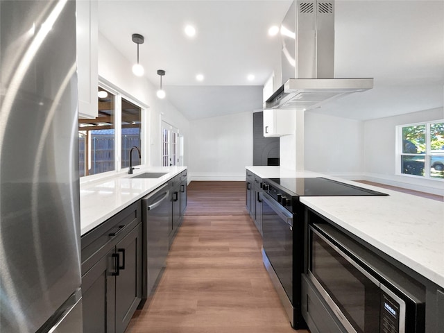 kitchen with sink, extractor fan, hanging light fixtures, stainless steel appliances, and white cabinets