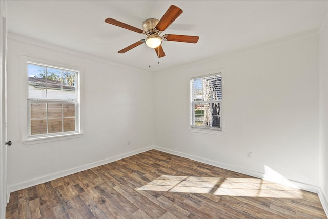 empty room with crown molding, ceiling fan, and wood-type flooring