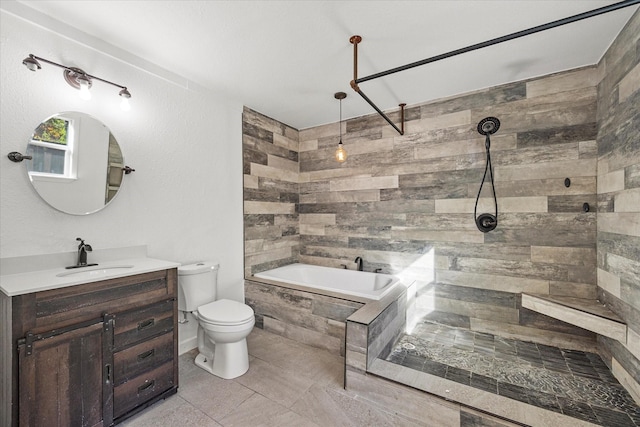 full bathroom featuring tile patterned flooring, vanity, separate shower and tub, and toilet