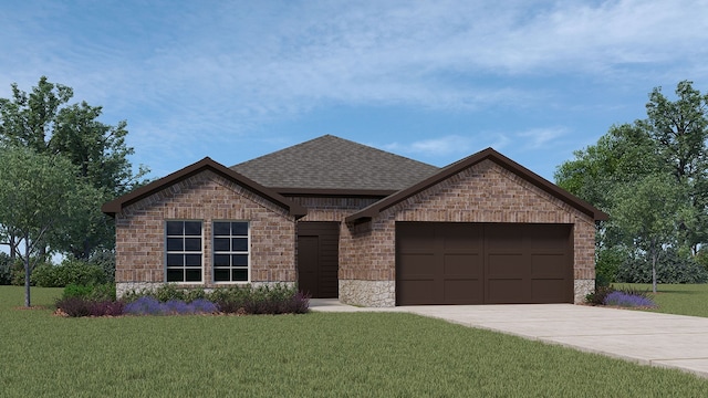 view of front of home featuring a garage and a front lawn