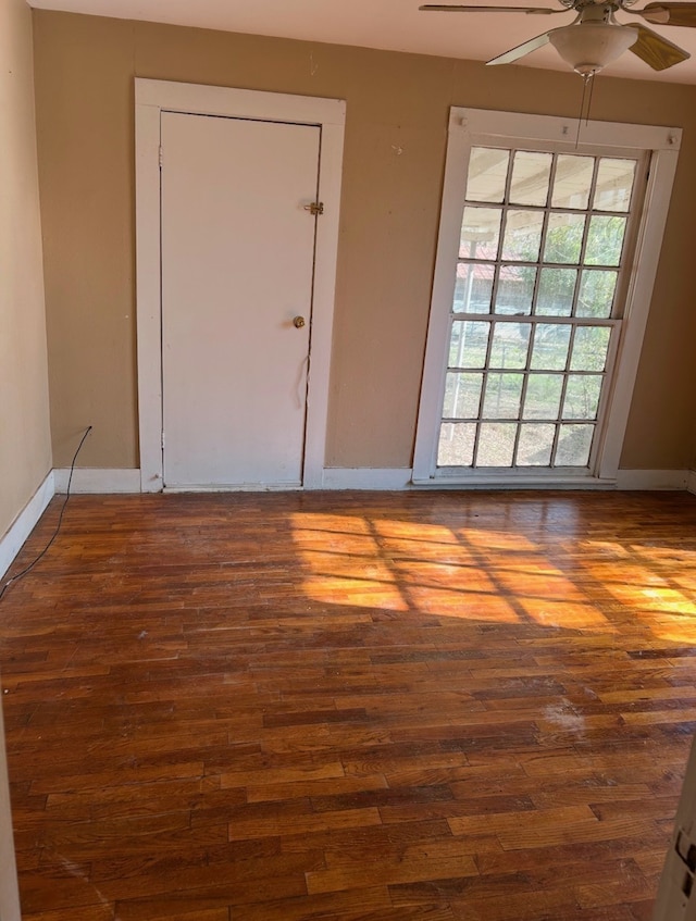 interior space with dark hardwood / wood-style floors and ceiling fan